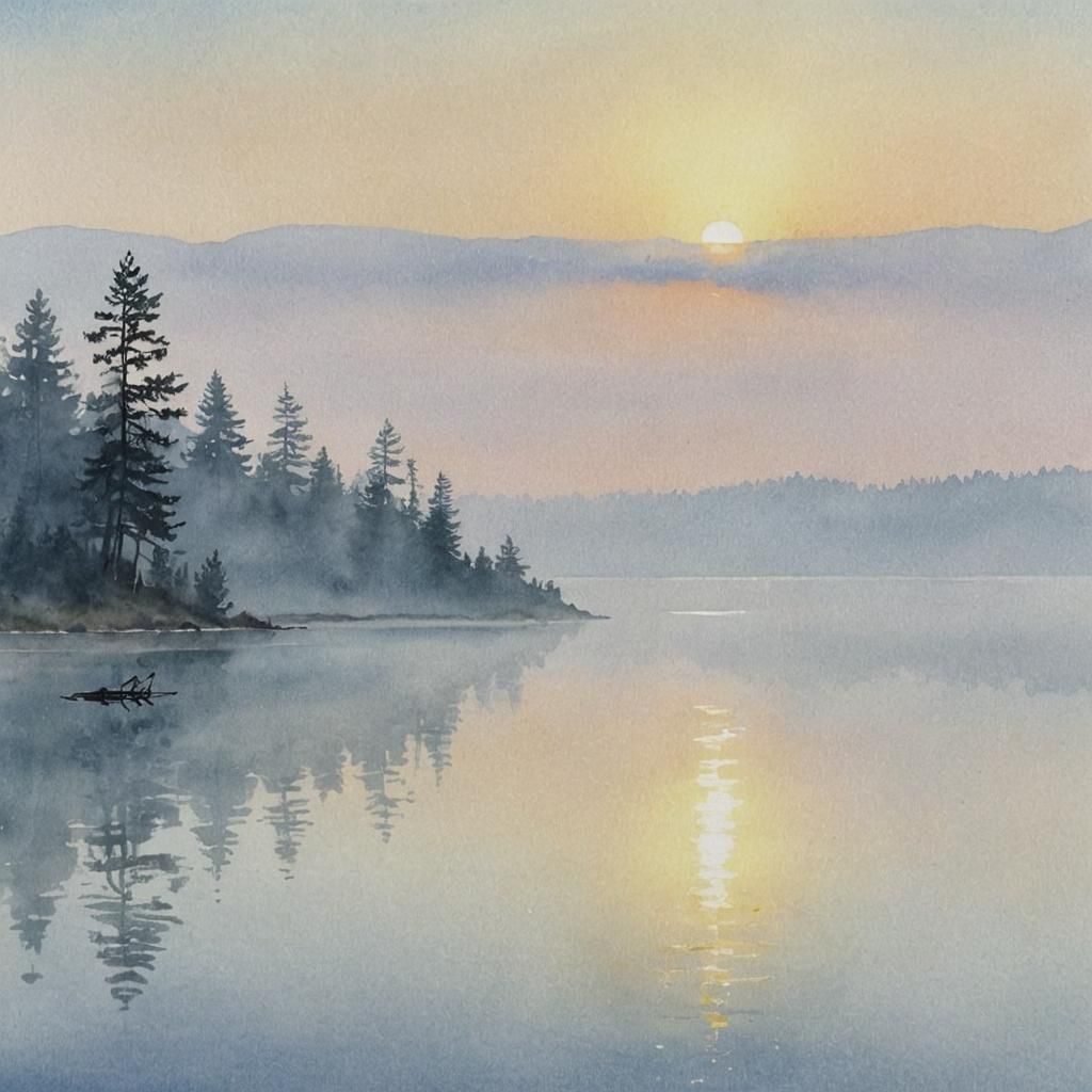 Misty Sunrise Over Clear Lake: Minimalist Watercolor