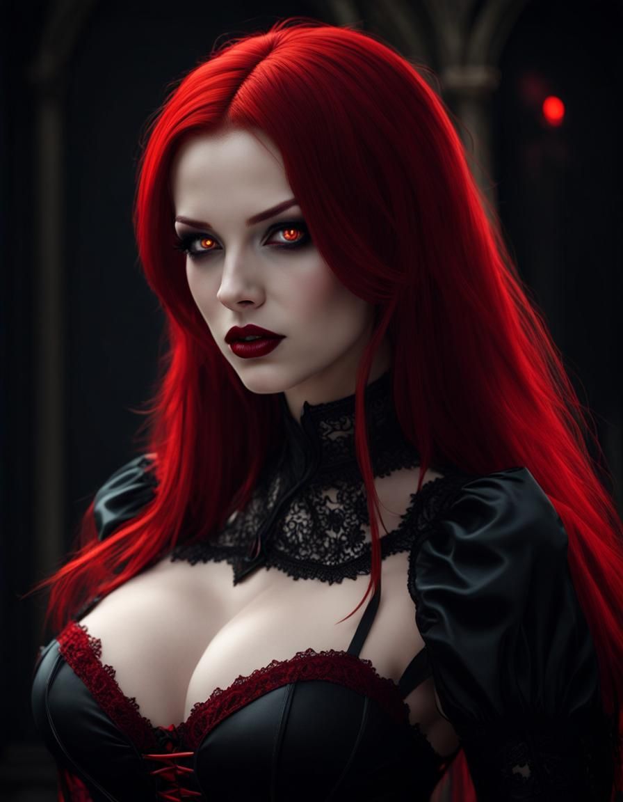 Redhead Vampire with Glowing Eyes in Gothic Style