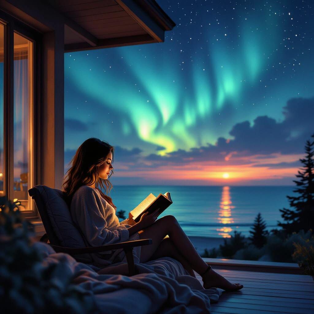 Woman Reading by Aurora Borealis in Seaside Bungalow
