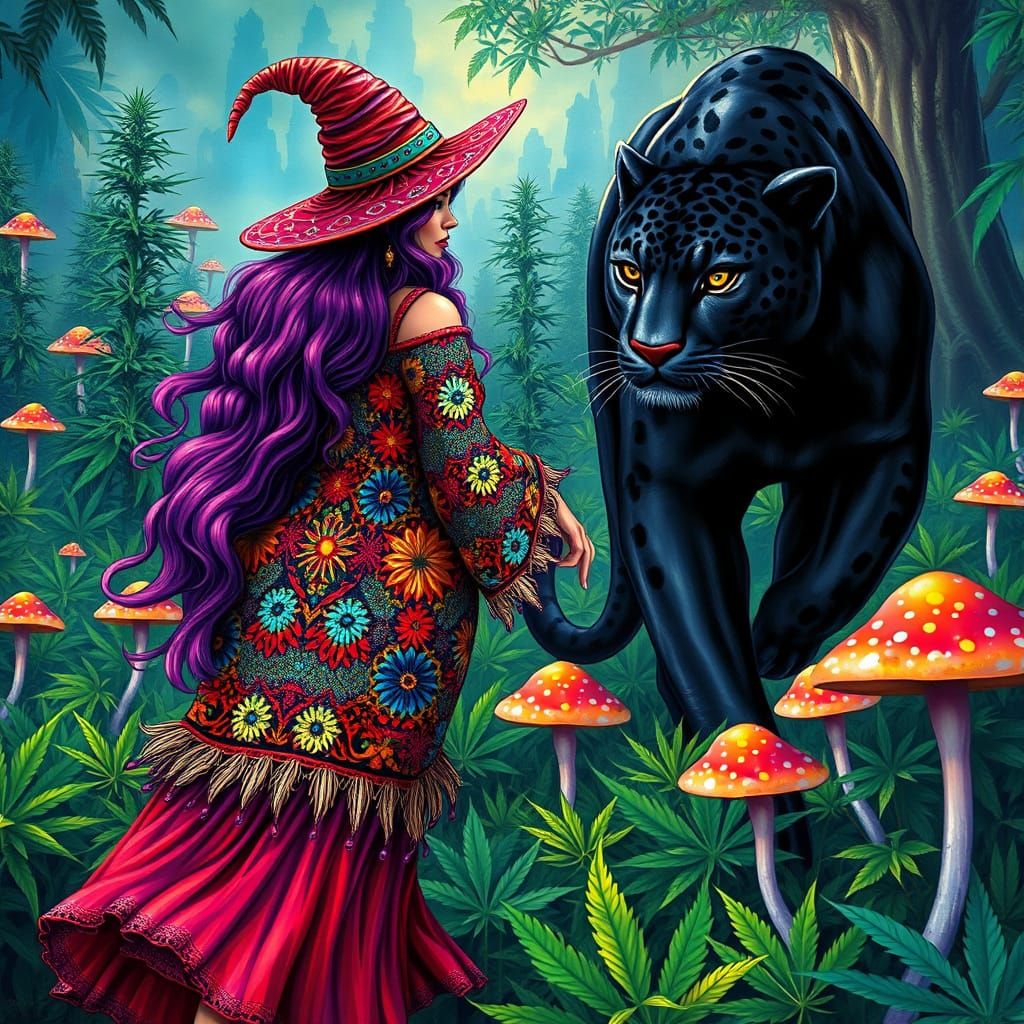 Enchanted Forest Sorceress and Majestic Black Jaguar