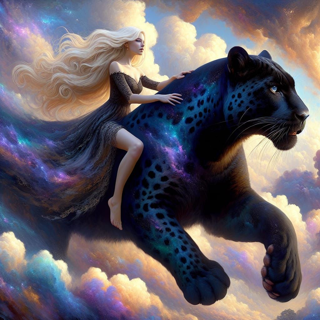 Woman Rides Black Leopard: Fantasy Matte Painting