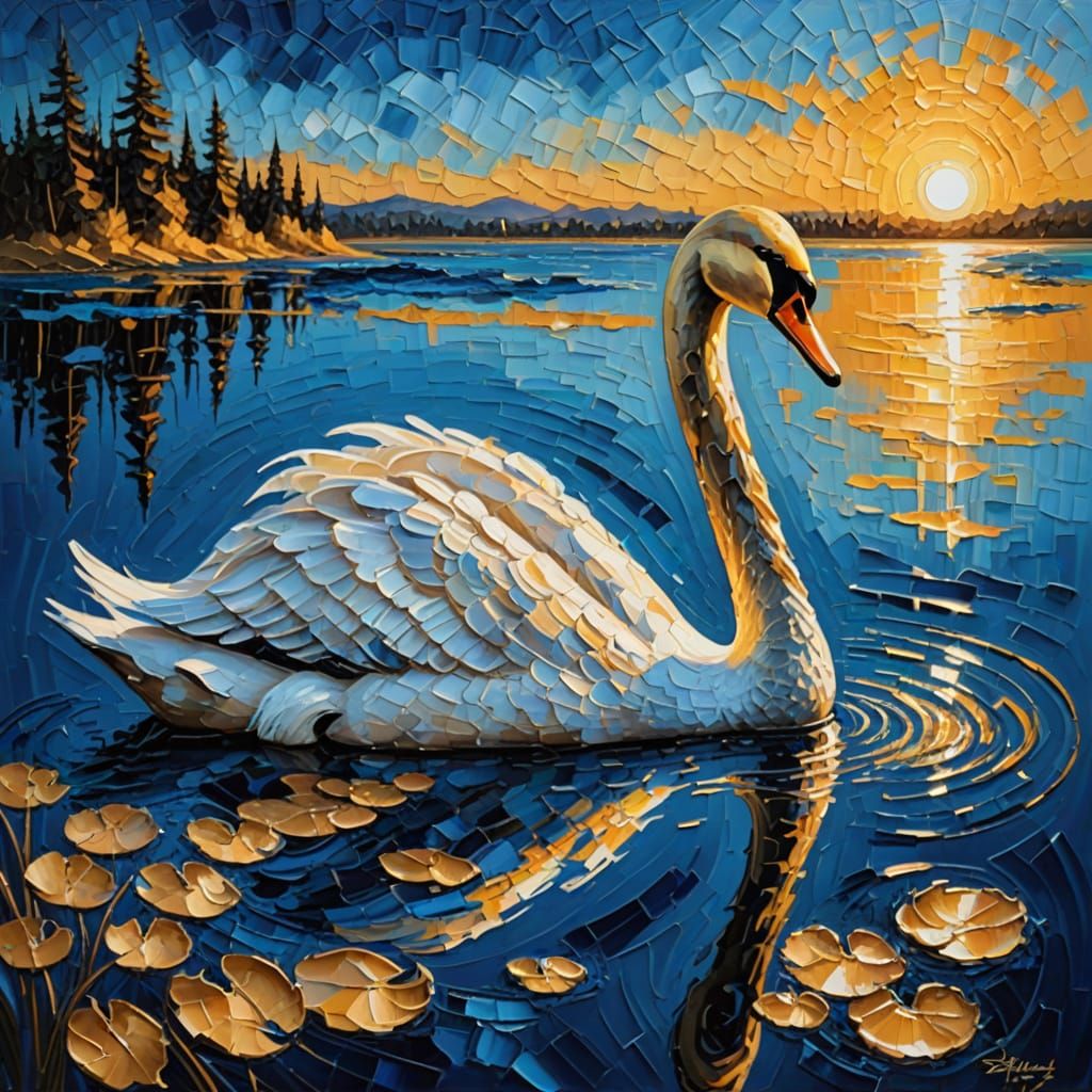 Golden Swan in Impasto Blue Lake Landscape