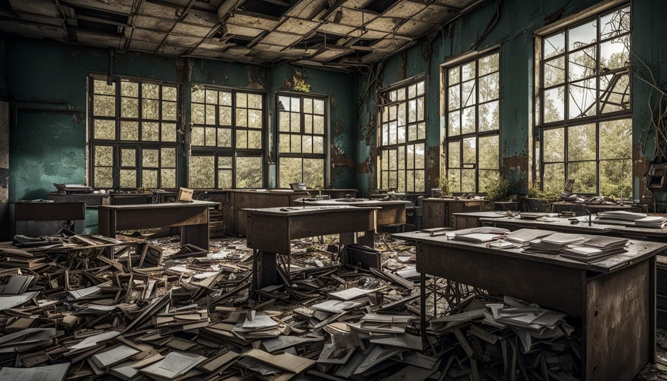 Post-Apocalyptic School Interior in Hyperrealistic Style