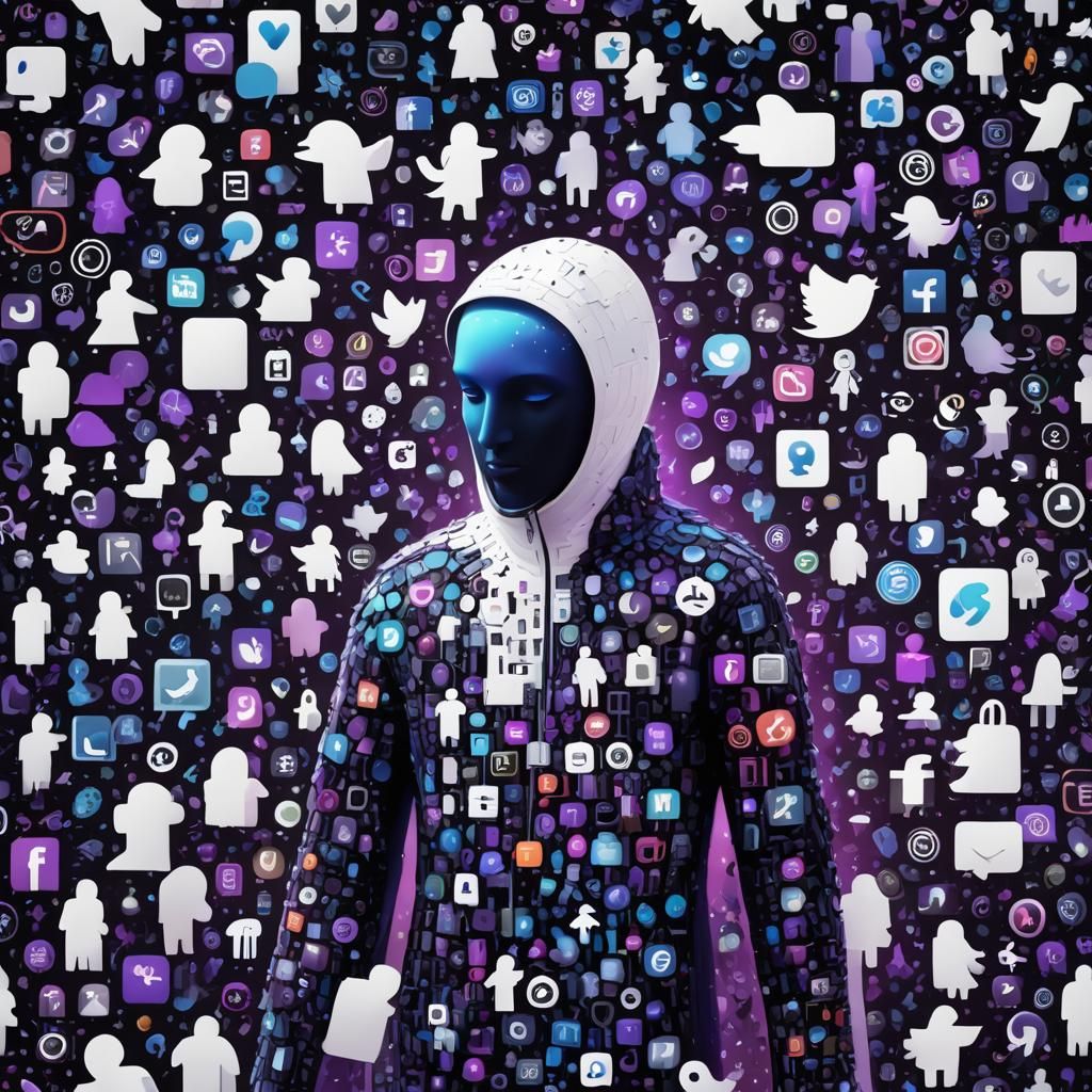 White Figure Amidst Social Media Icons in Digital Art