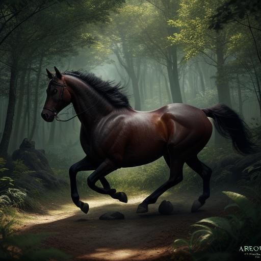 Horse Running Through Forest: Detailed Matte Painting
