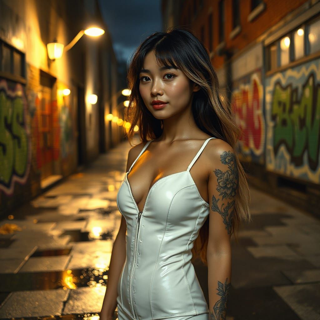 Woman in White Latex Corset in Graffiti Alley