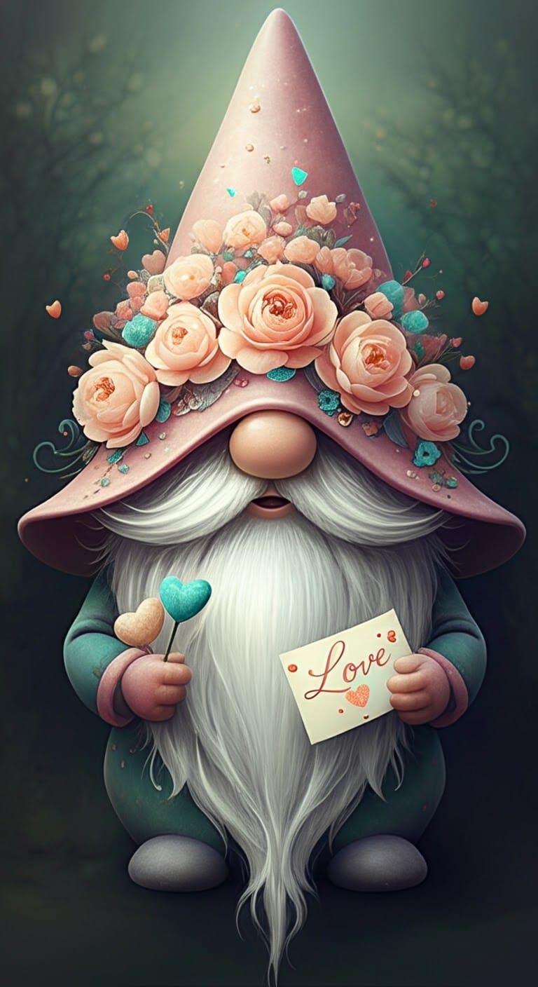 Dreamy Gnome Illustration with Floral Hat and Love Note