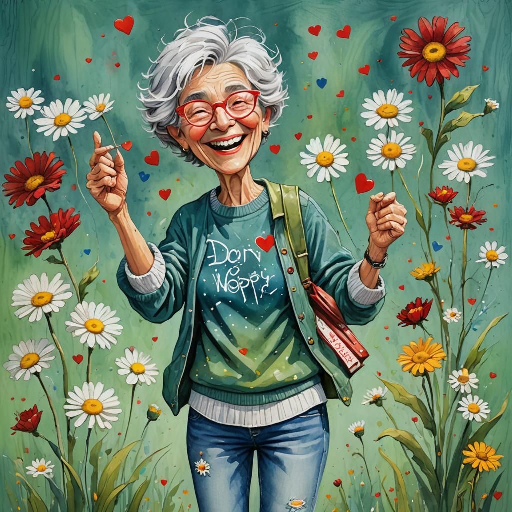 Joyful Woman Caricature in Chromatic Oil Painting