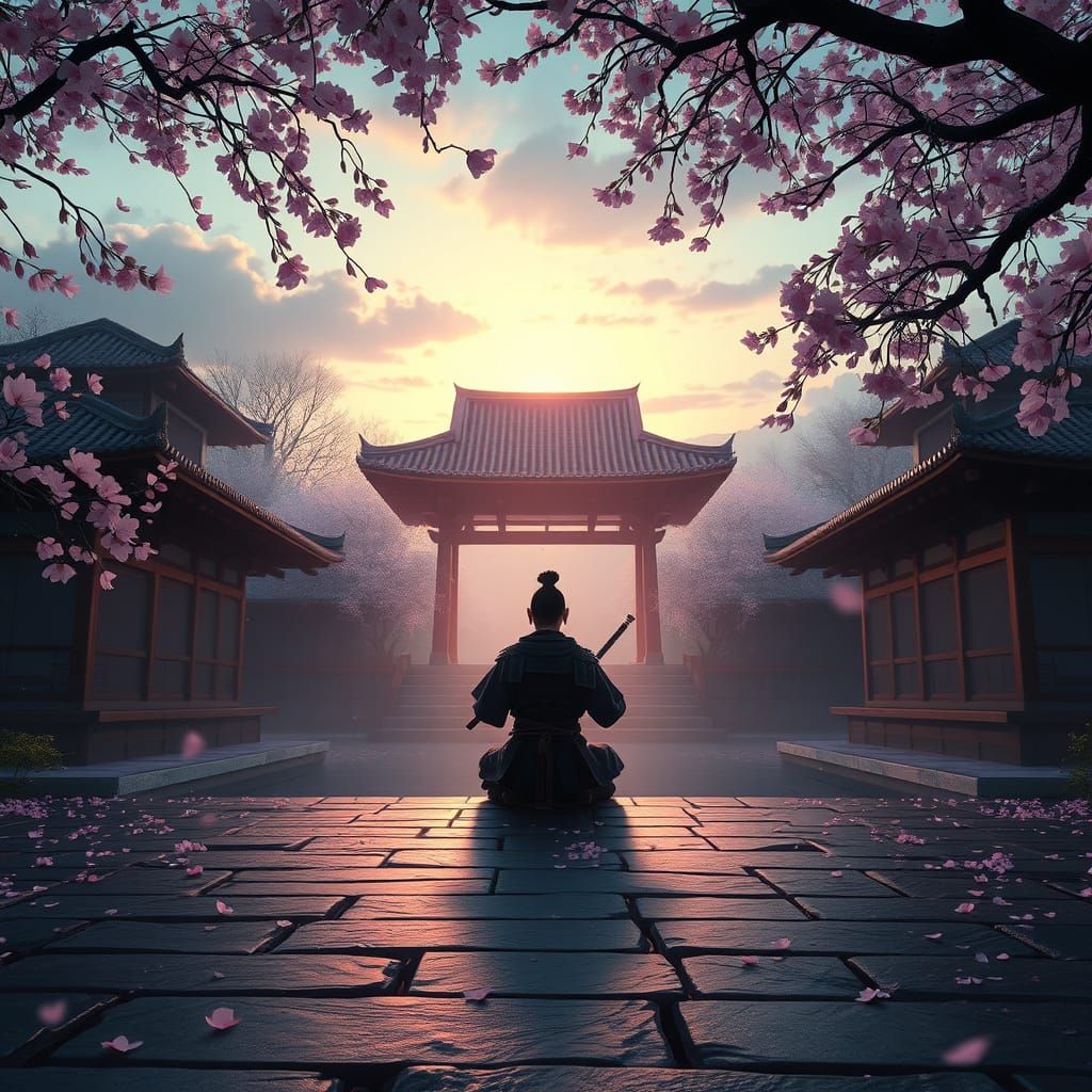 Meditating Samurai in Temple Garden at Twilight