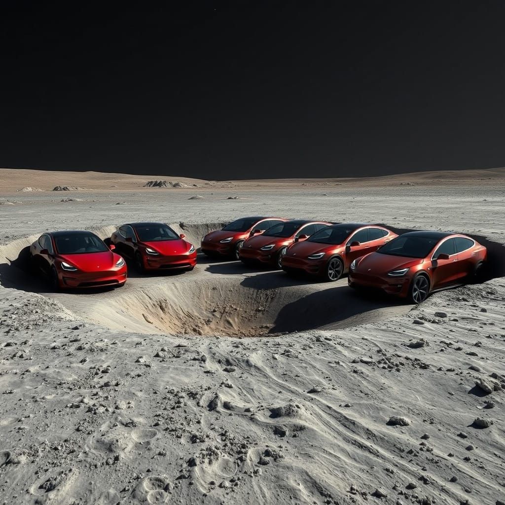 Tesla Odyssey on Lunar Terrain in Futuristic Landscape
