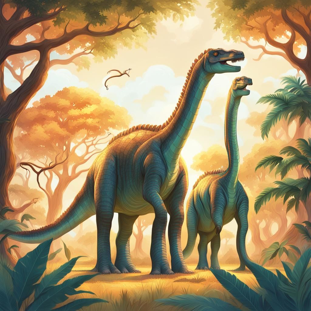 Friendly Brachiosaurus Duo Basks in Golden Light