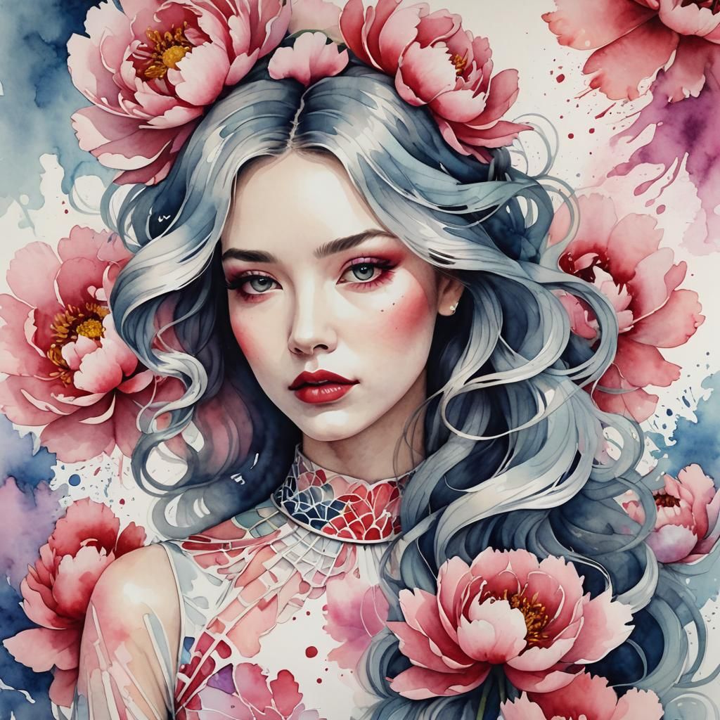 Girl with Peonies: A Watercolor Portrait