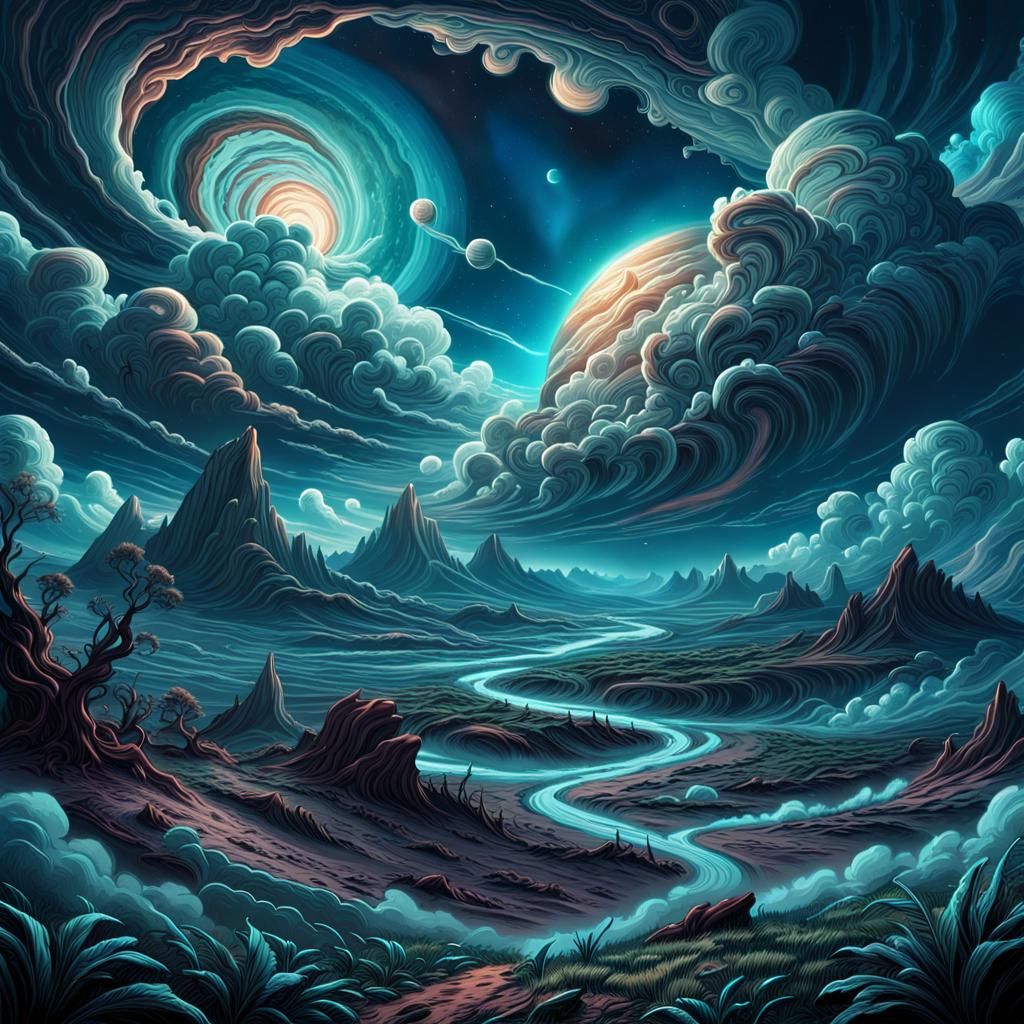 Alien Landscape Under Jupiter Clouds, Digital Illustration