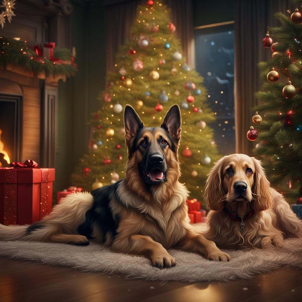 German Shepherd and Cocker Spaniel Christmas Art