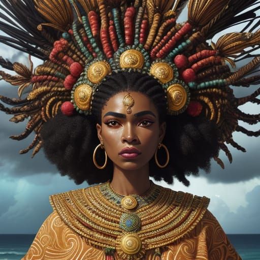 Oya: Majestic Afro-Caribbean Goddess in Stormy Landscape
