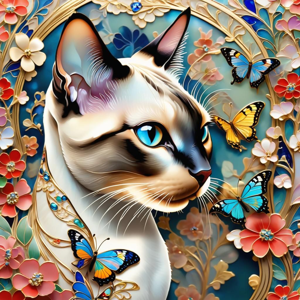 Siamese Cat and Butterfly in Cloisonné Art Nouveau