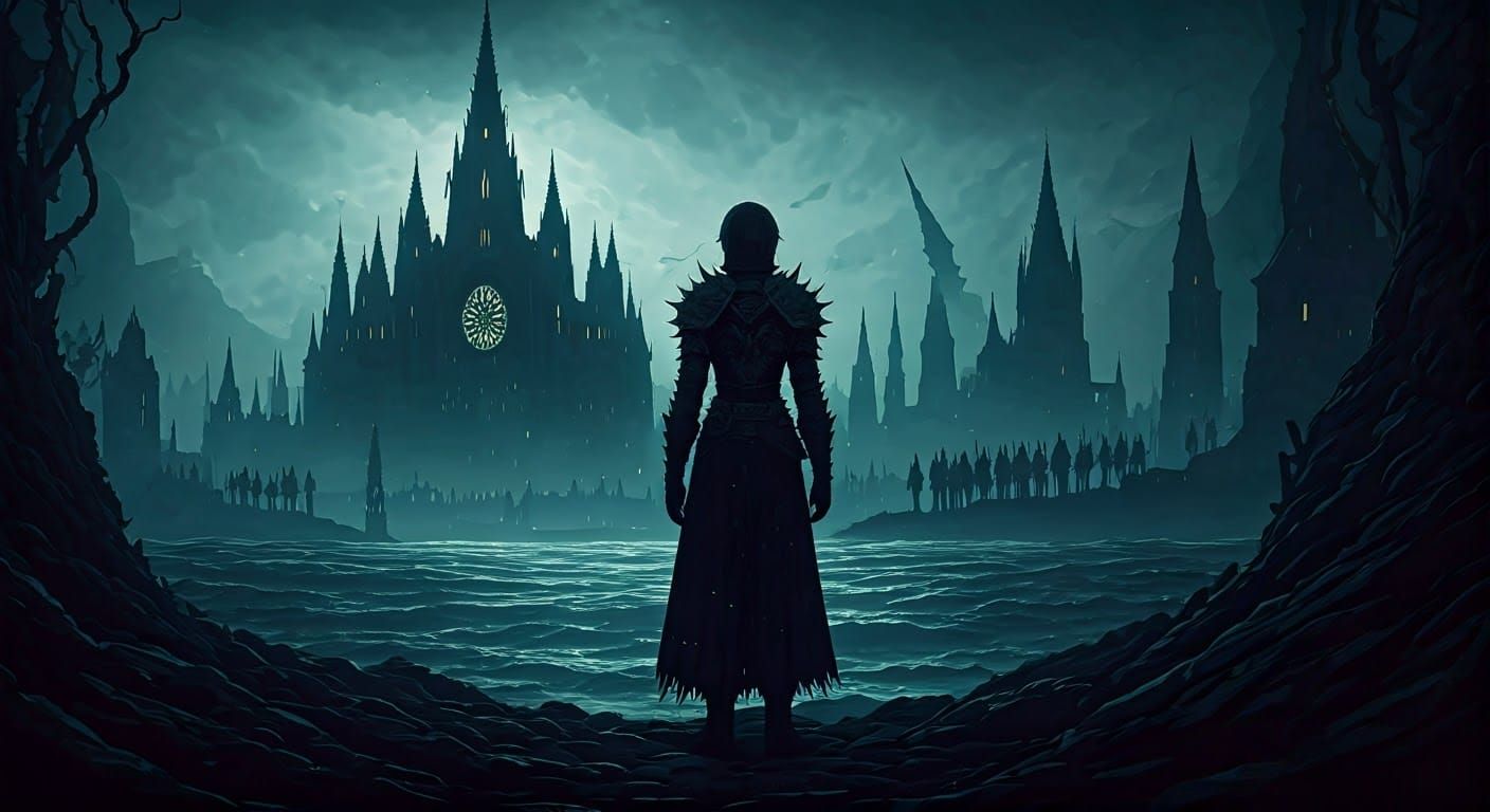 Gothic Knight in Dark Fantasy Landscape