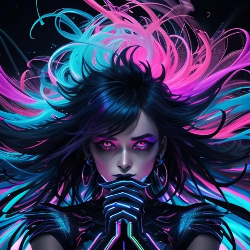 Neon Futurism: Lady Dancing in Swirling Smoke