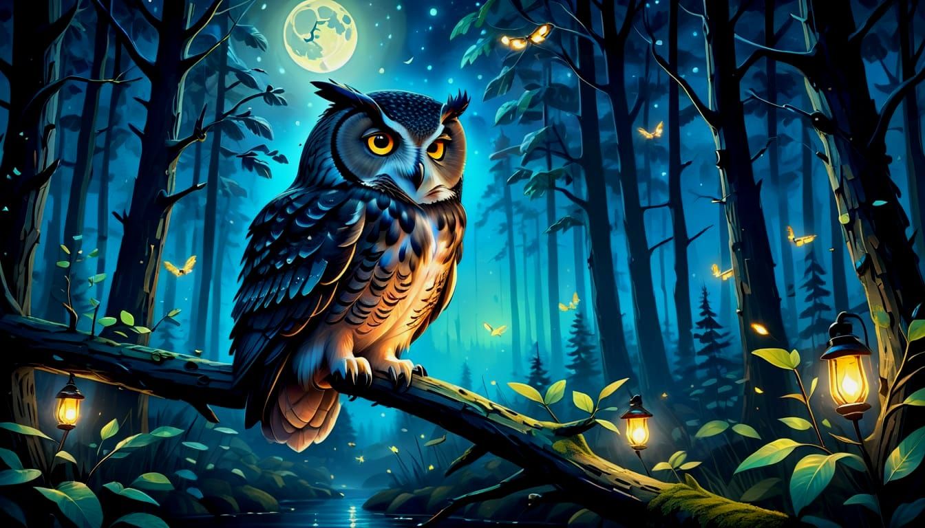 Impasto Nighttime Forest Scene with Owl and Fireflies