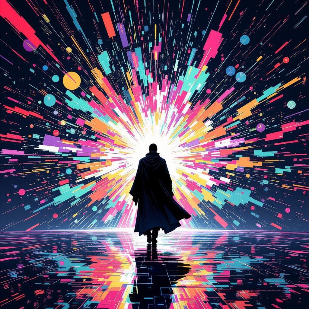 Iridescent Figure Steps Through Reality Tear