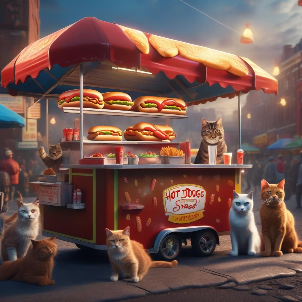 Cats Selling Hot Dogs: Detailed Matte Painting