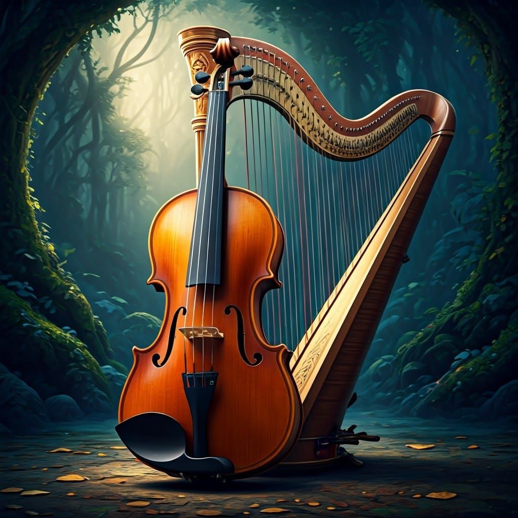 Elegant Violin and Harp Amidst Whimsical Forest