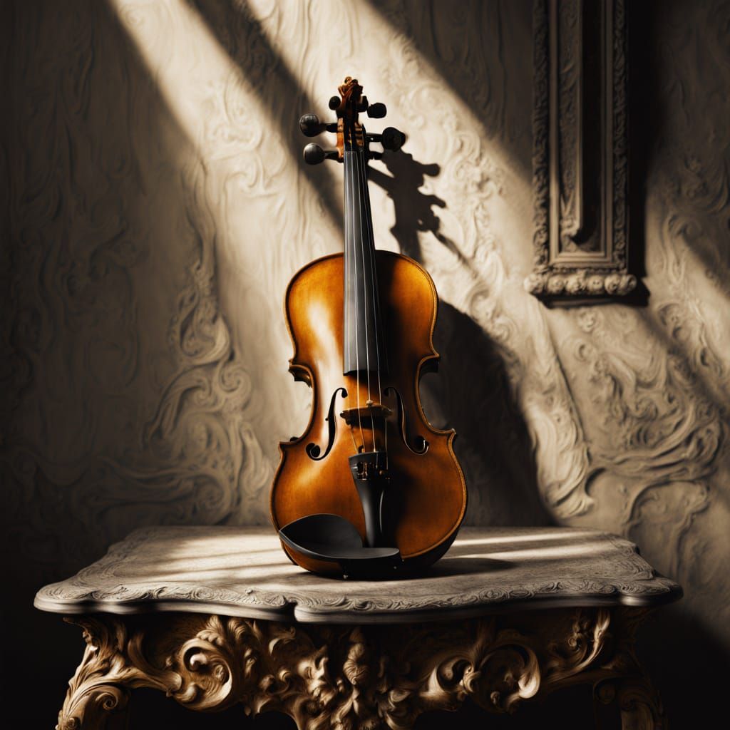 Baroque Violin with Intricate Carvings in Dramatic Light
