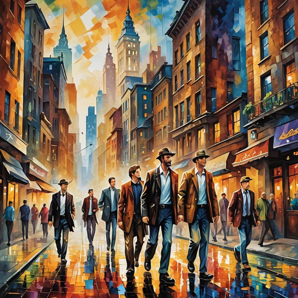 Cartoon Artists Strolling Through Dream Cityscape