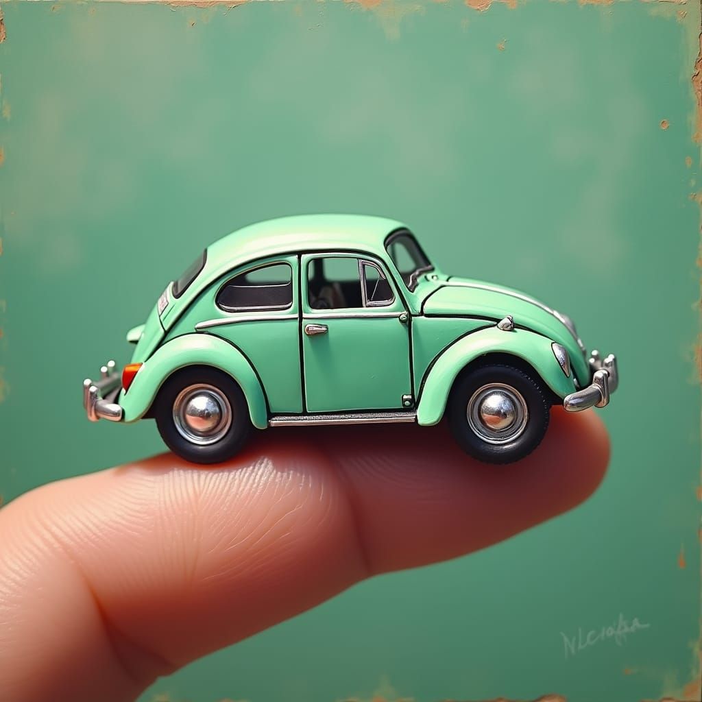 Mint Green Beetle on Finger, Oil Painting
