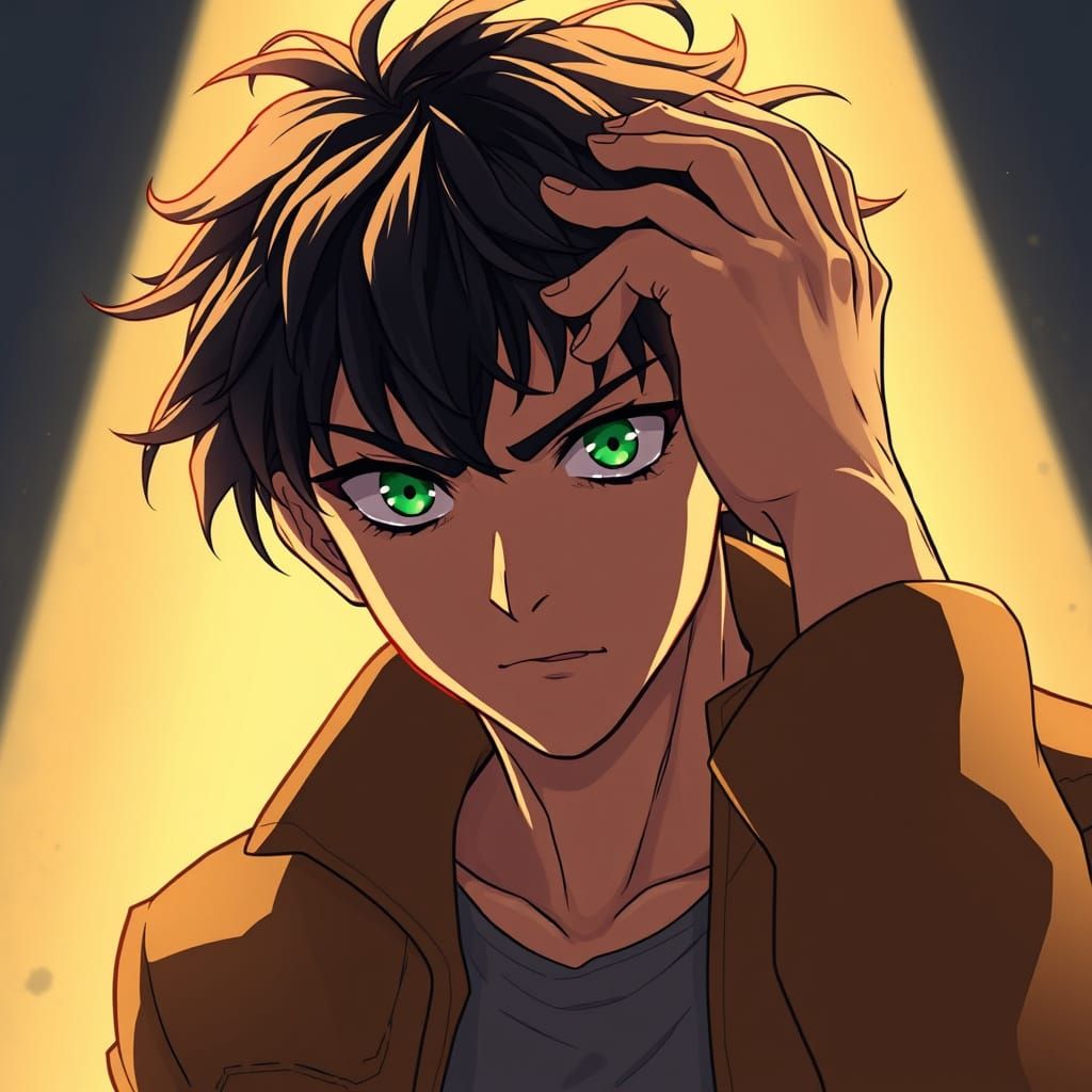Green-Eyed Man in Thoughtful Pose, Cel-Shaded Anime Style