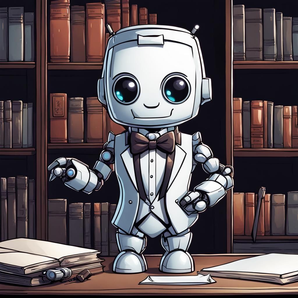 Chibi Robot Butler in a Study: Comic Book Style
