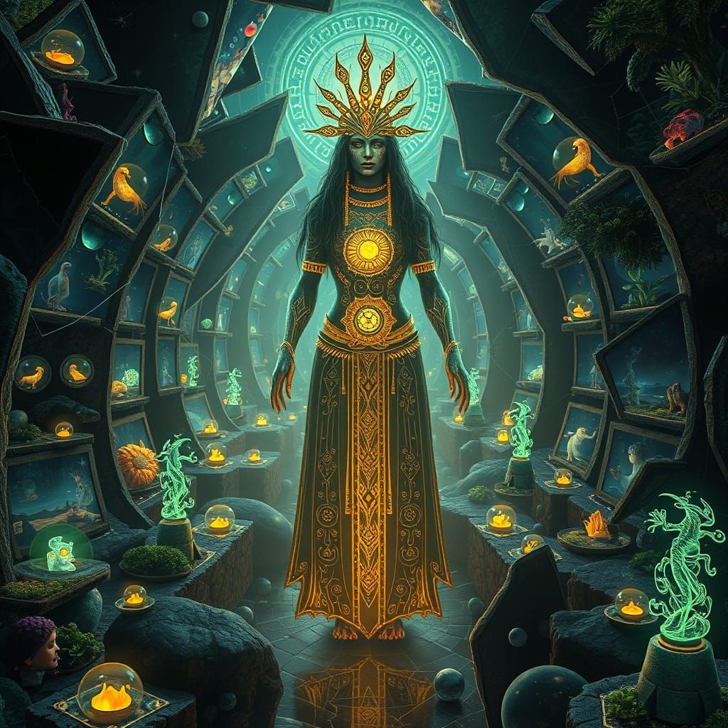 Mystical Shaman in Labyrinthine Ecosystems with Glowing Crea...