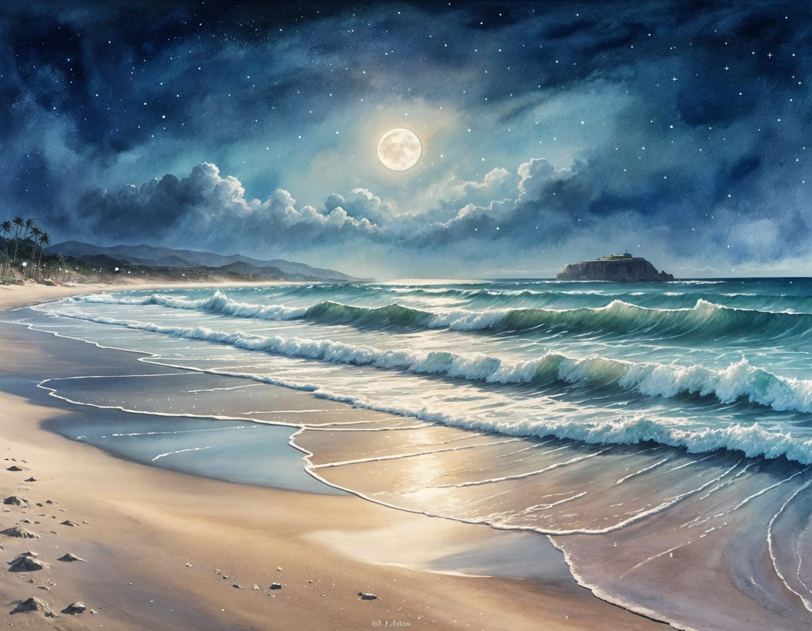 Moonlit Beach at Night in Watercolor Style