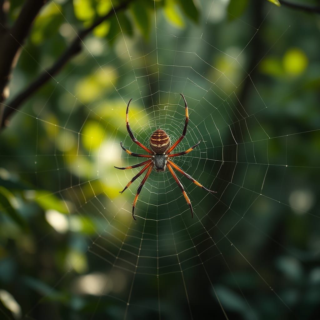 Spider Weaving Web in Magical Forest, Maximalist Action Pain...