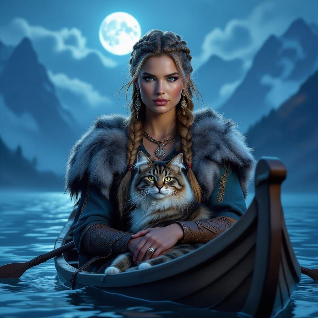 Viking Woman With Norwegian Forest Cat in Boat