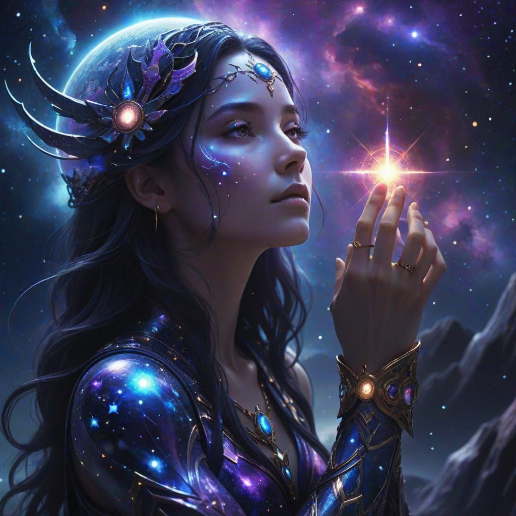 Powerful Woman Hero in Ethereal Cosmic Landscape