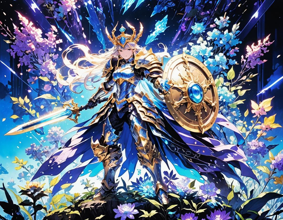 Heroic Anime Queen with Glowing Sword and Shield