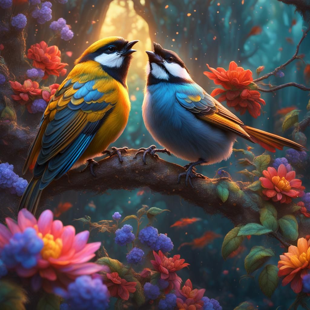 Vibrant Chickadees in Detailed Matte Painting