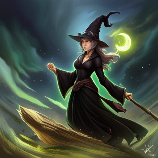 Hyperrealistic Hag Flying on Broomstick in Anime Style