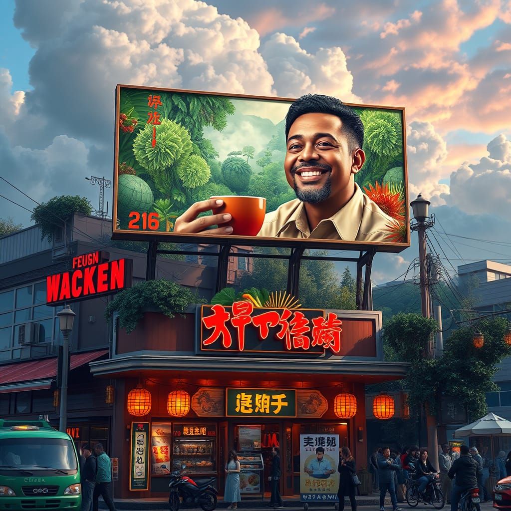 Street Scene in Front of Grilled Chicken Restaurant with Vib...