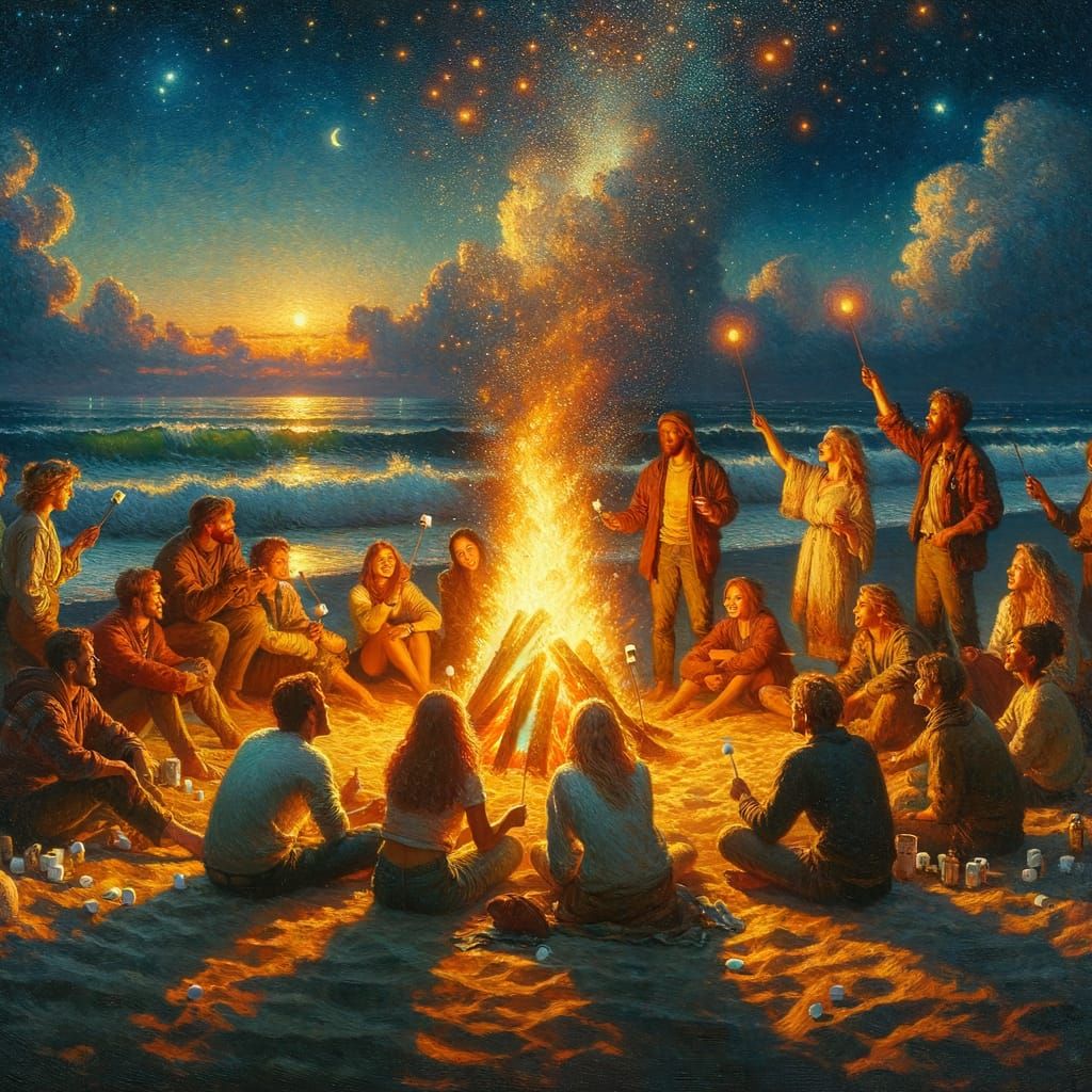Friends Gather 'Round Bonfire in Impressionist Style