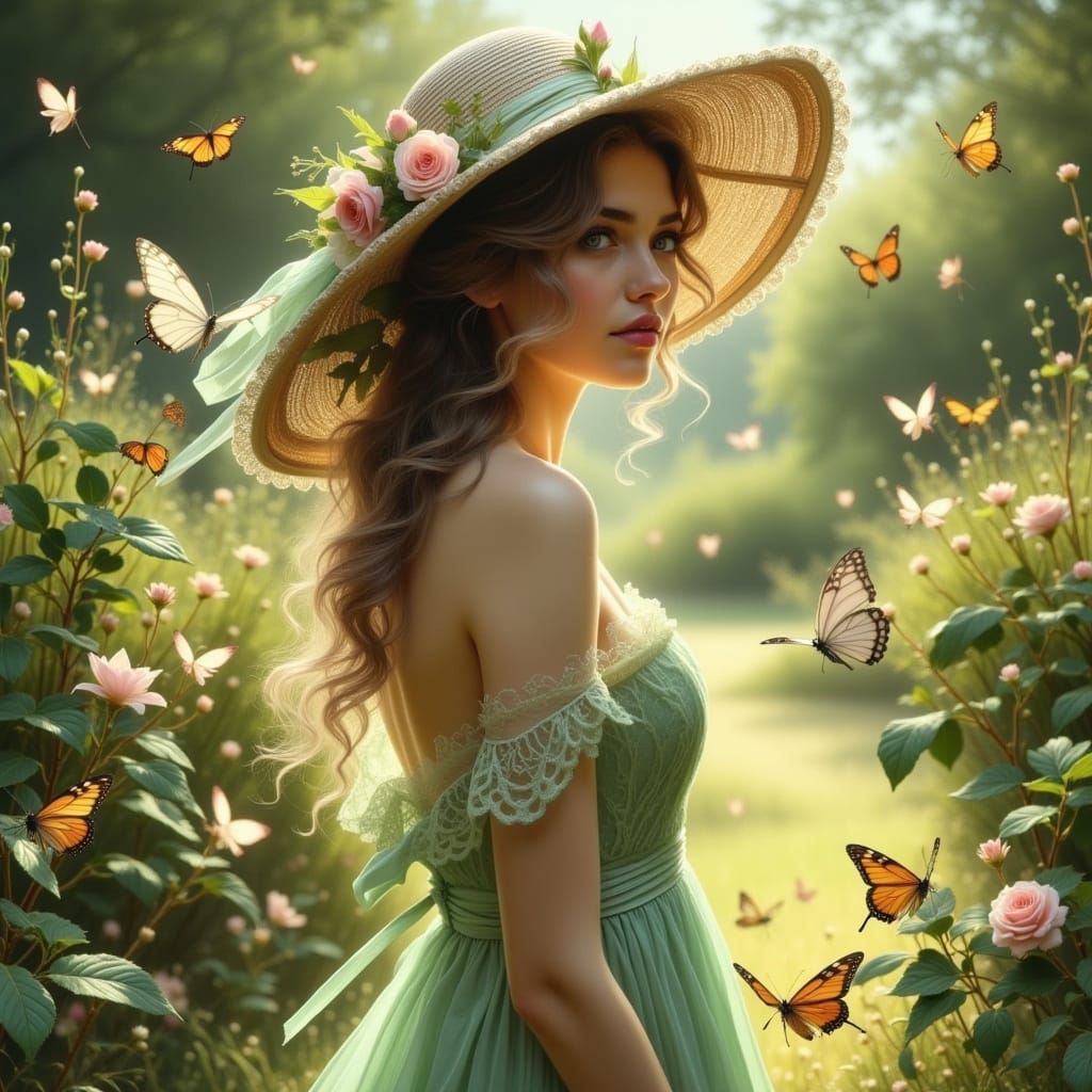 Elegant Woman in Garden, Hyperreal Impressionist Style