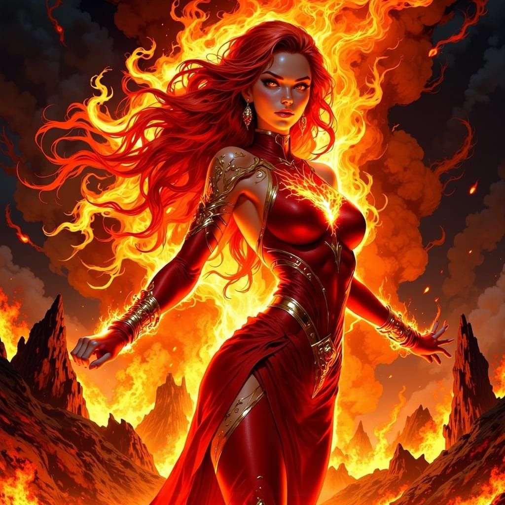 Fire Spirit Woman Erupting from Volcano Inferno