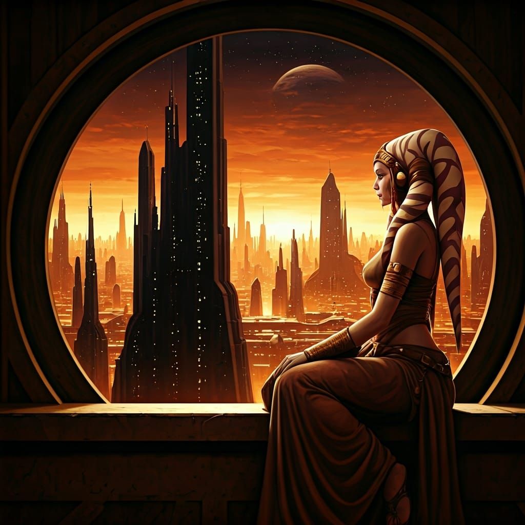 Twi'lek Dancer Overlooking Alien City in Comic Book Style