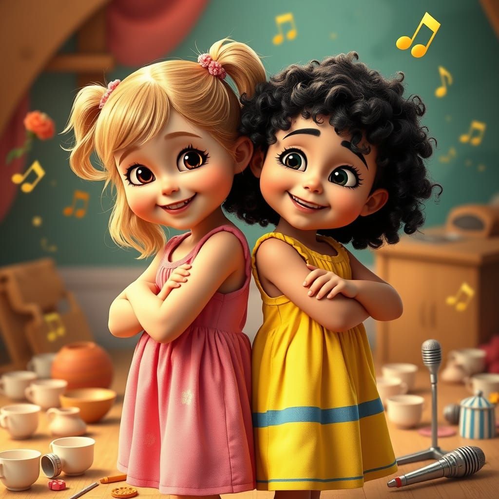 Pixar-Style Portrait of Two Toddler Girls in Whimsical Posin...