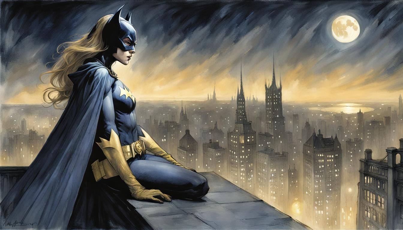 Batgirl Over Gotham in Alan Lee Style