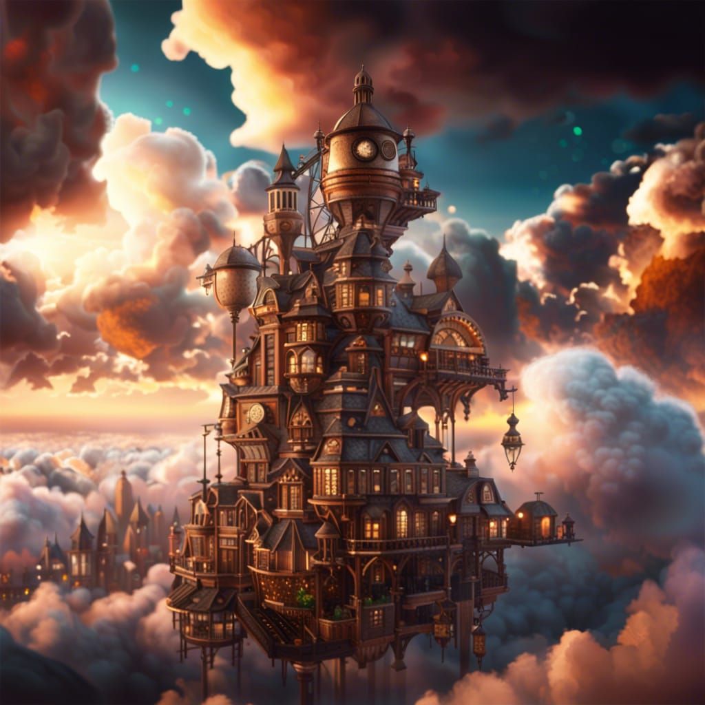 Steampunk City in the Clouds at Sunset