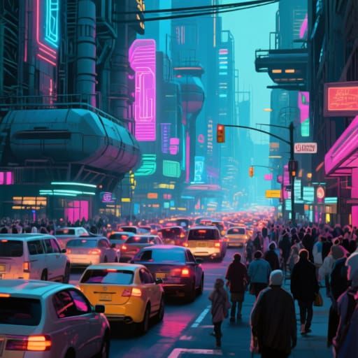 Neon City Rush Hour in Futuristic Style