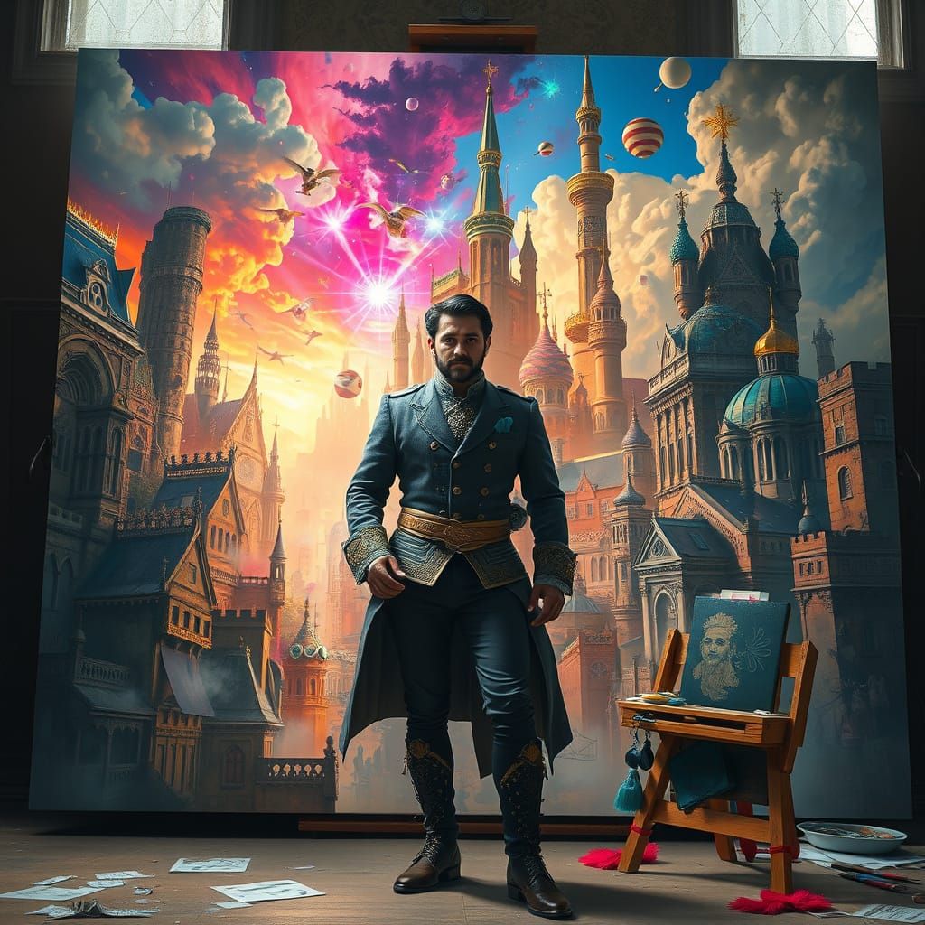 Fantastical City Emerges from Painter's Brushstrokes in a Cy...