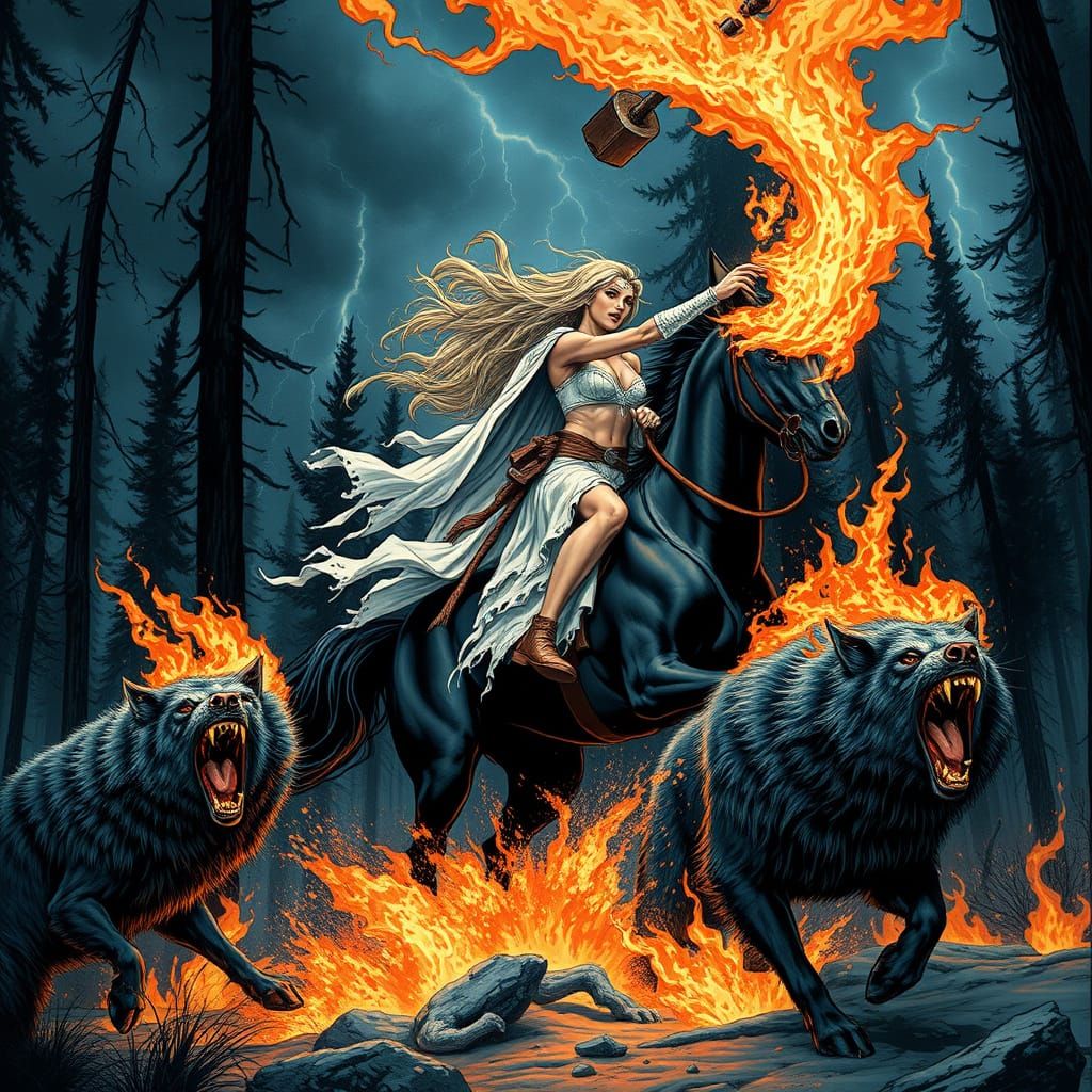 Valkyrie Conquers Dark Forest in Epic, Frazetta-Inspired Art